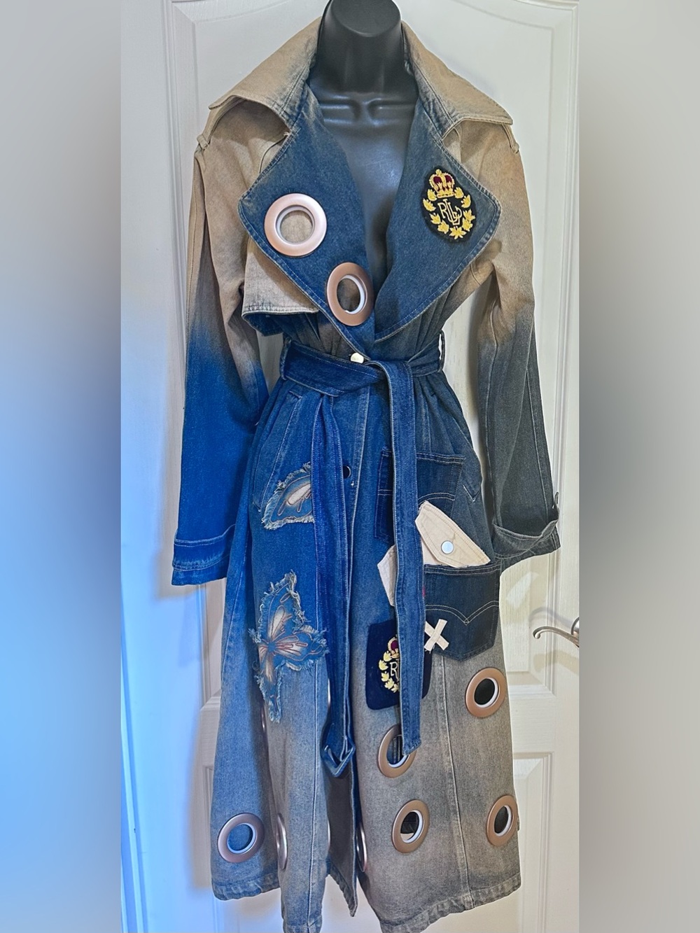 Upcycled Denim Trench Coat with Patchwork Grommet Blue and Distressed Tan size M - Picture 4 of 8